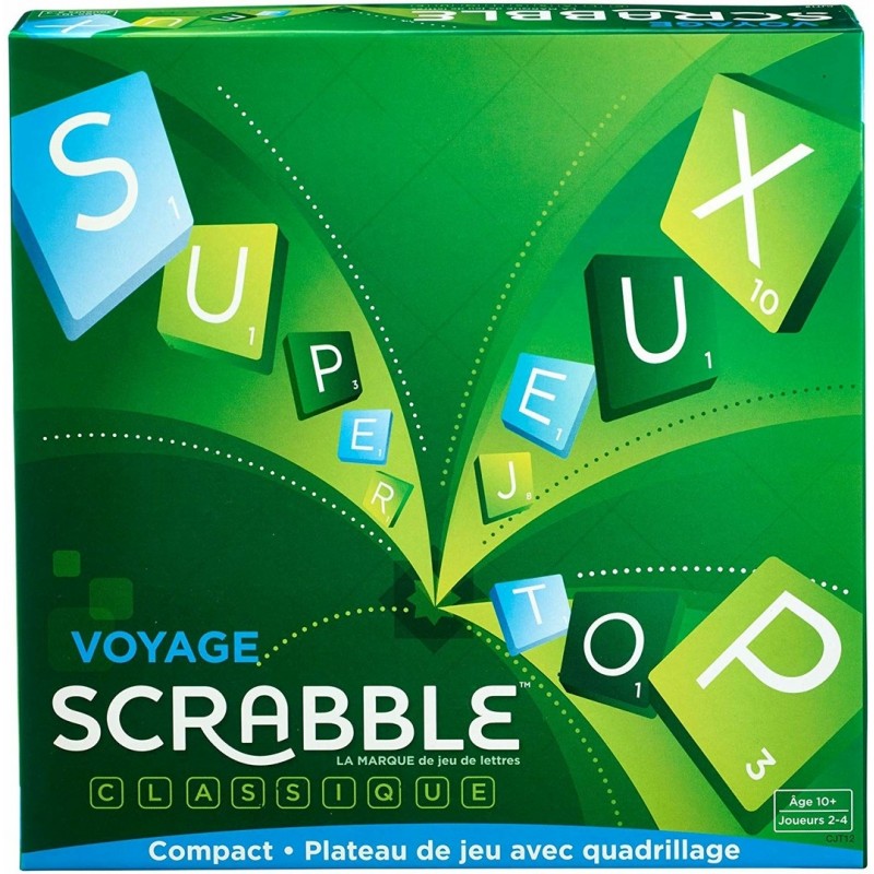 Mattel Games Jeu de voyage Scrabble, portable et compact, 2 à 4 joueurs,  comprend une planche de jeu, 4 supports, 100 carreaux de lettres, un sac de  tuile, et des règles, 10